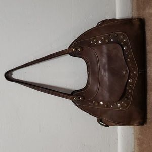 Patricia Nash Large Brown Leather Ergo Studded Satchel Bag Shoulder Hobo Handbag